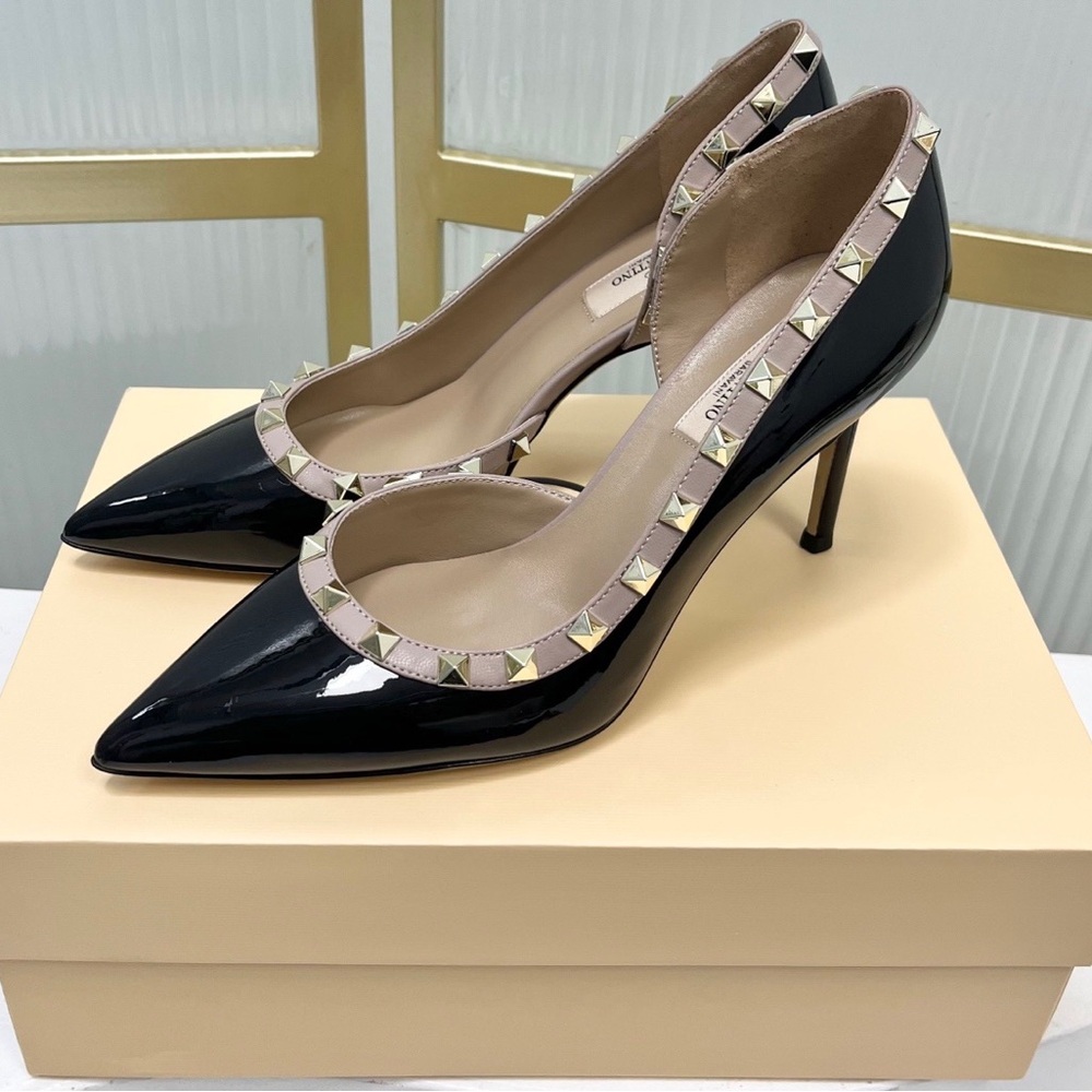Valentino Black Patent Heels with Gold Accents